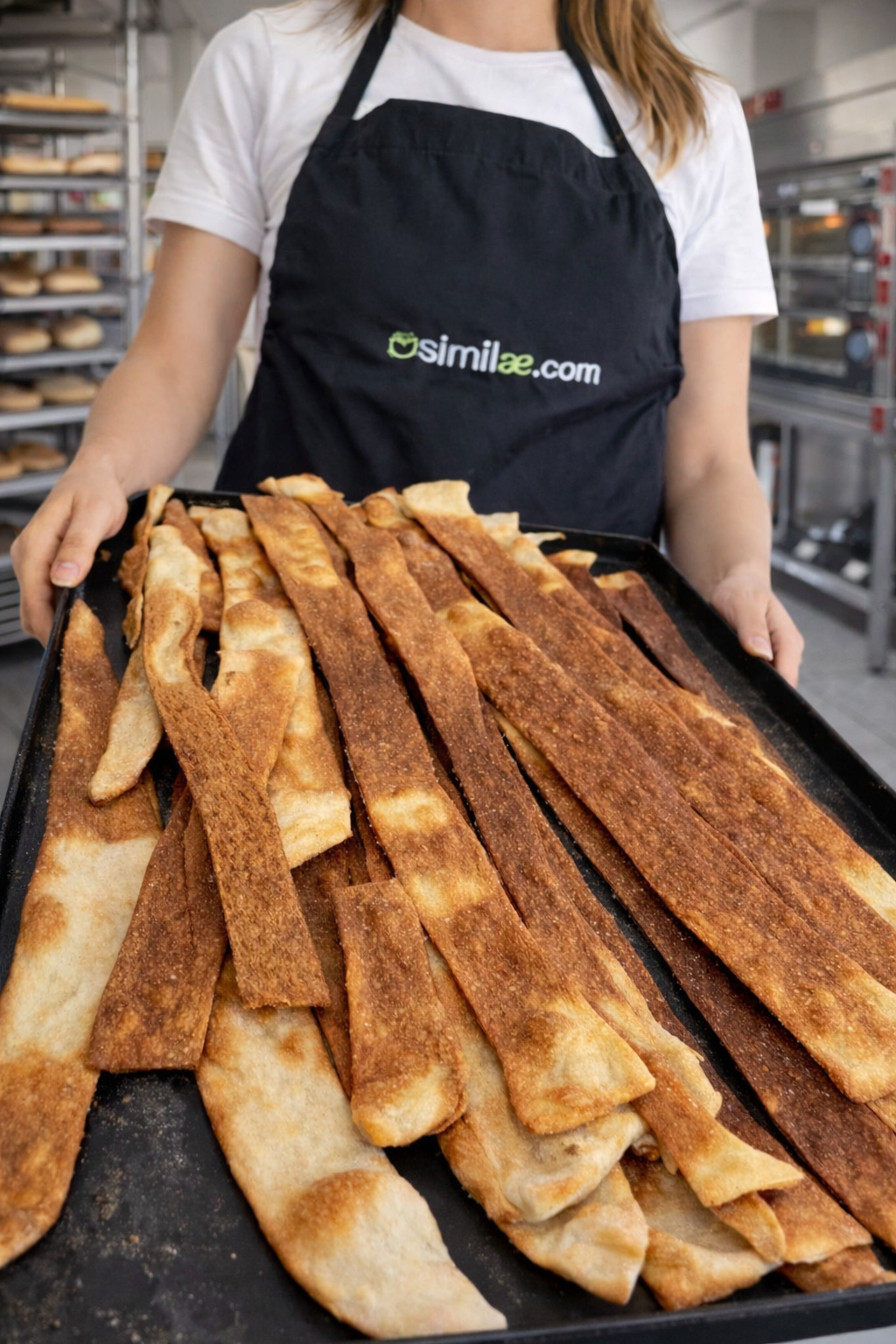 mujer sosteniendo bandeja de grissini en panaderia