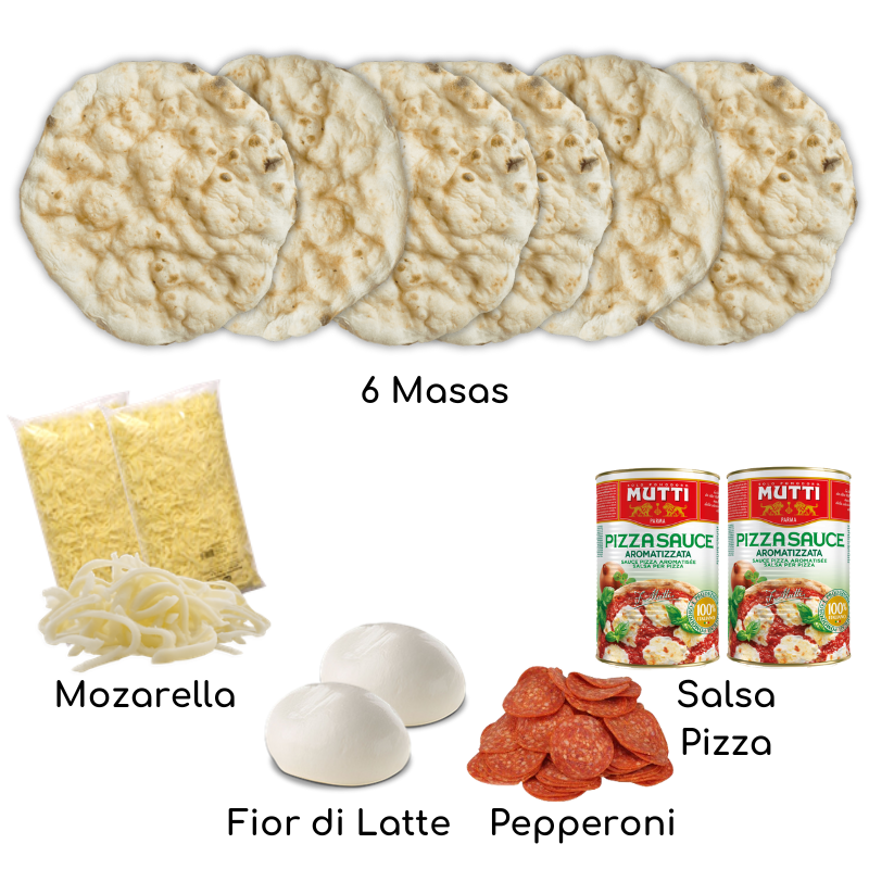 Kit de pizza casera con mozzarella, salsa de tomate, pepperoni y mozzarella de búfala