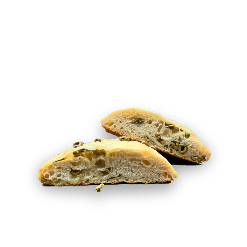 pan focaccia con aceitunas y olivas 250gr. corte