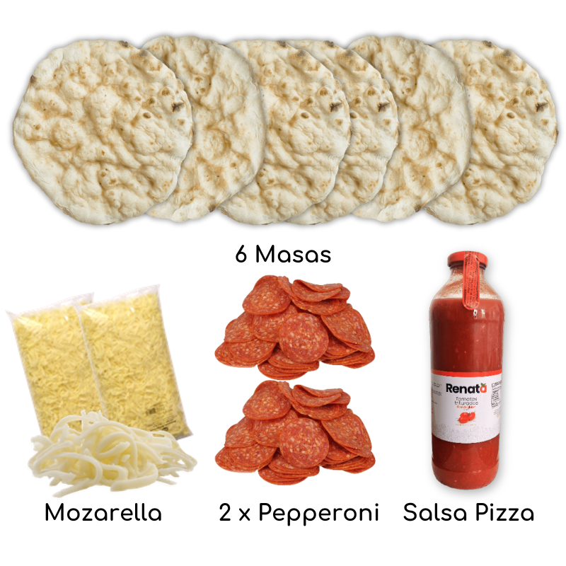 Kit de pizza casera con masa artesanal, mozzarella, pepperoni y salsa de tomate