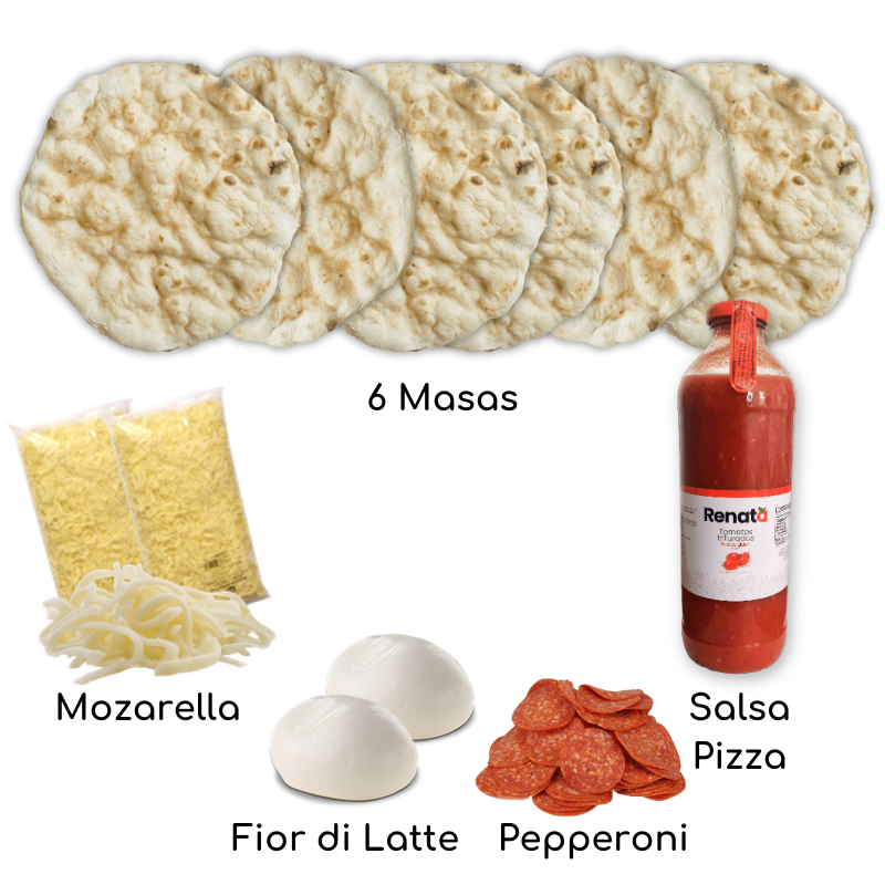 Kit de pizza casera con masa artesanal, mozzarella, fior di latte, pepperoni y salsa de tomate