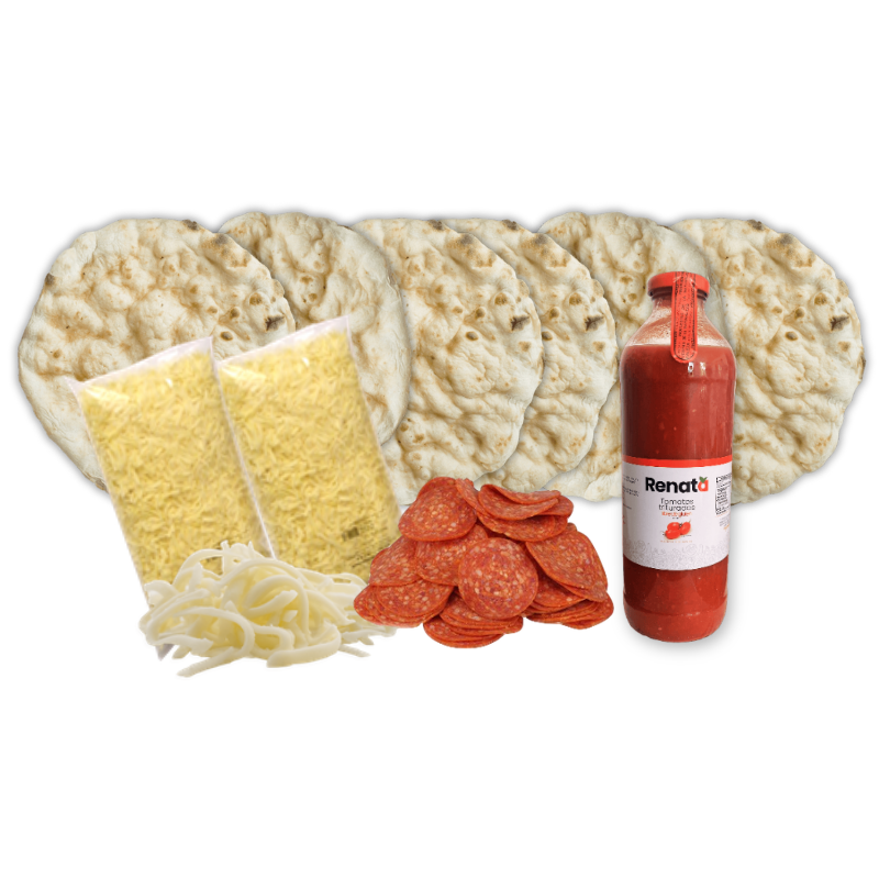 Kit de pizza casera con masa artesanal, mozzarella, pepperoni y salsa de tomate
