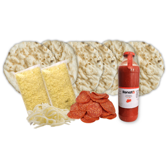 Kit de pizza casera con masa artesanal, mozzarella, pepperoni y salsa de tomate