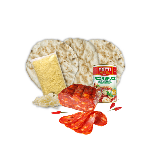 Pizzakit masas de pizza, salsa, mozzarella y salame piccante.