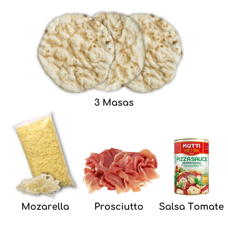 Pizzakit 3 Masas estiradas a mano, cocidas en piedra y de larga fermentación. 1 Pulpa de Tomate 400gr. 1 Mozzarella Granulada 360gr. 1 Prosciutto Crudo 100gr.