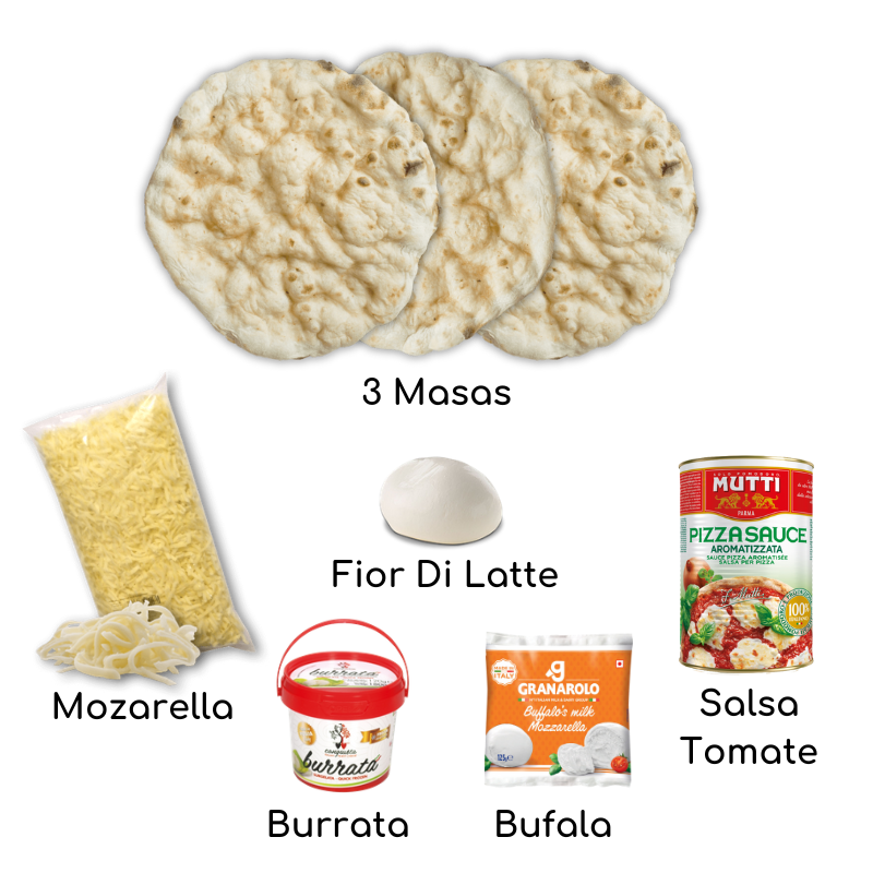 PizzaKit masas de pizza con salsa, mozzarella, fior di latte, bufala y burrata