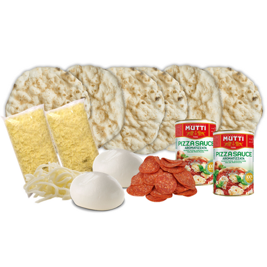 Kit de pizza casera con mozzarella, salsa de tomate, pepperoni y mozzarella de búfala