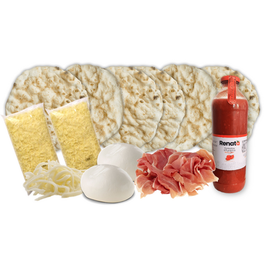 Kit de pizza gourmet con masa artesanal, prosciutto crudo, mozzarella y salsa de tomate