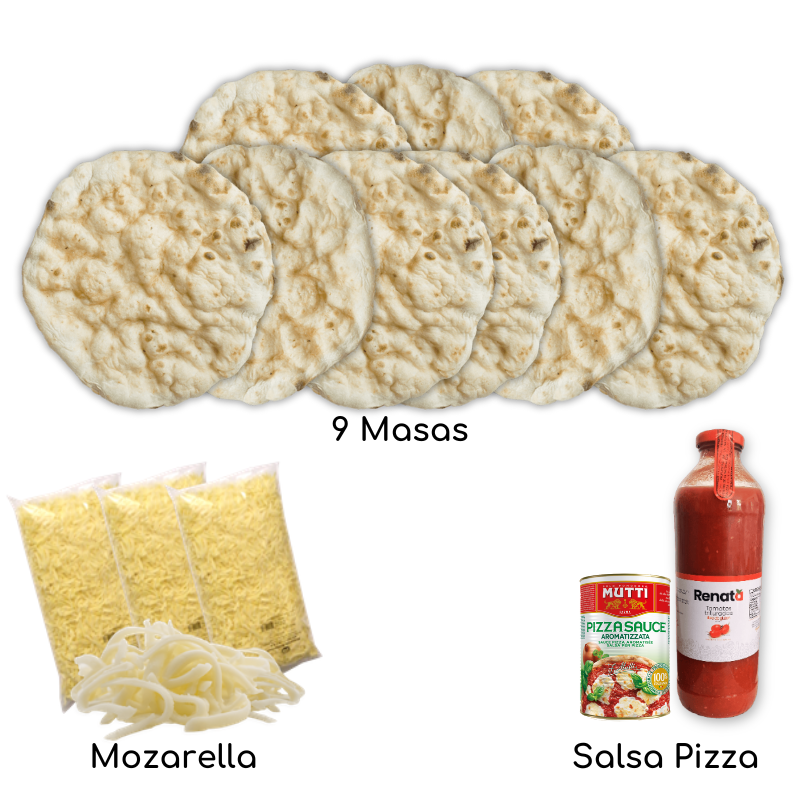 Pizza kit, 9 Masas, Salsa de tomate y mozzarella