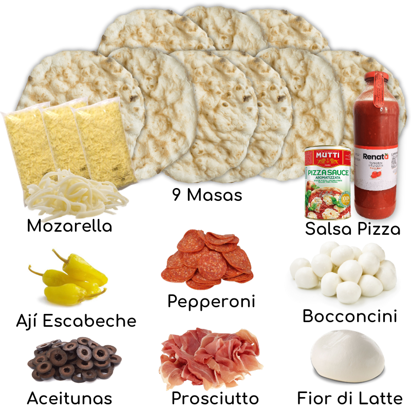 Pizza. kit, masas, salsa, mozzarella, pepperoni, prosciutto, aceitunas, fior di latte y aji