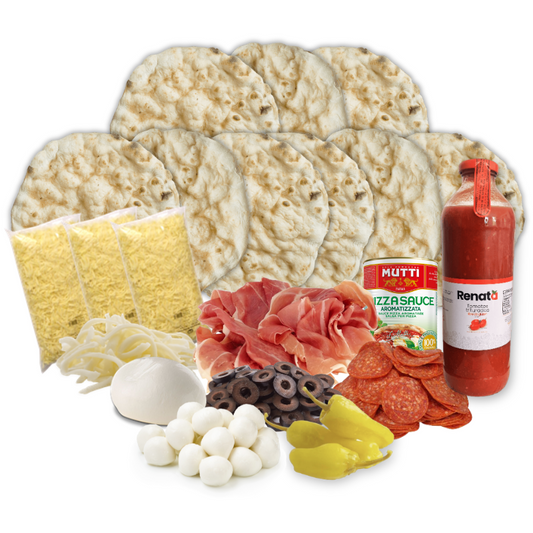 Pizza. kit, masas, salsa, mozzarella, pepperoni, prosciutto, aceitunas, fior di latte y aji