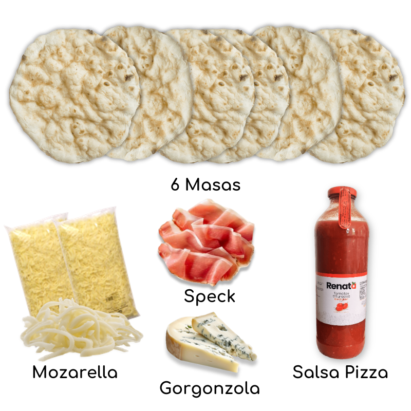 pizzakit masas, salsa, mozzarella, speck y gorgonzola