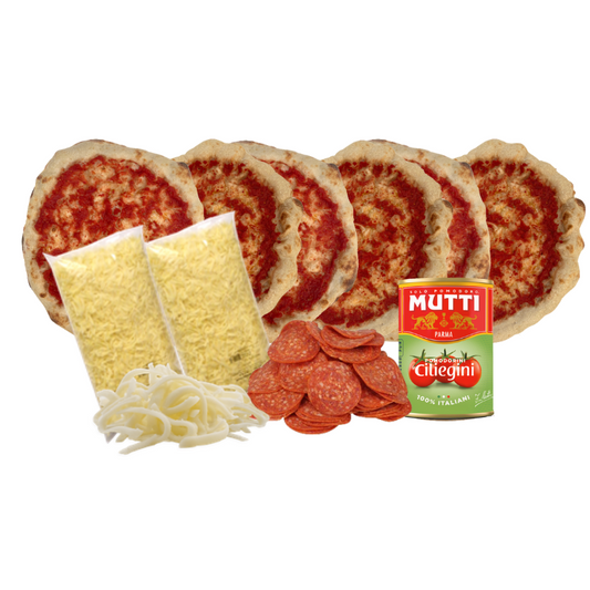 Kit de pizza napoletana con masa artesanal, mozzarella, salsa de tomate y pepperoni