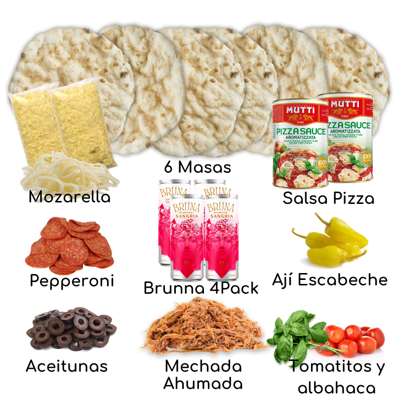 masas de pizza, mozzarella, pulpa de tomate, pepperoni, aceitunas, carne mechada, ají y vino brunna