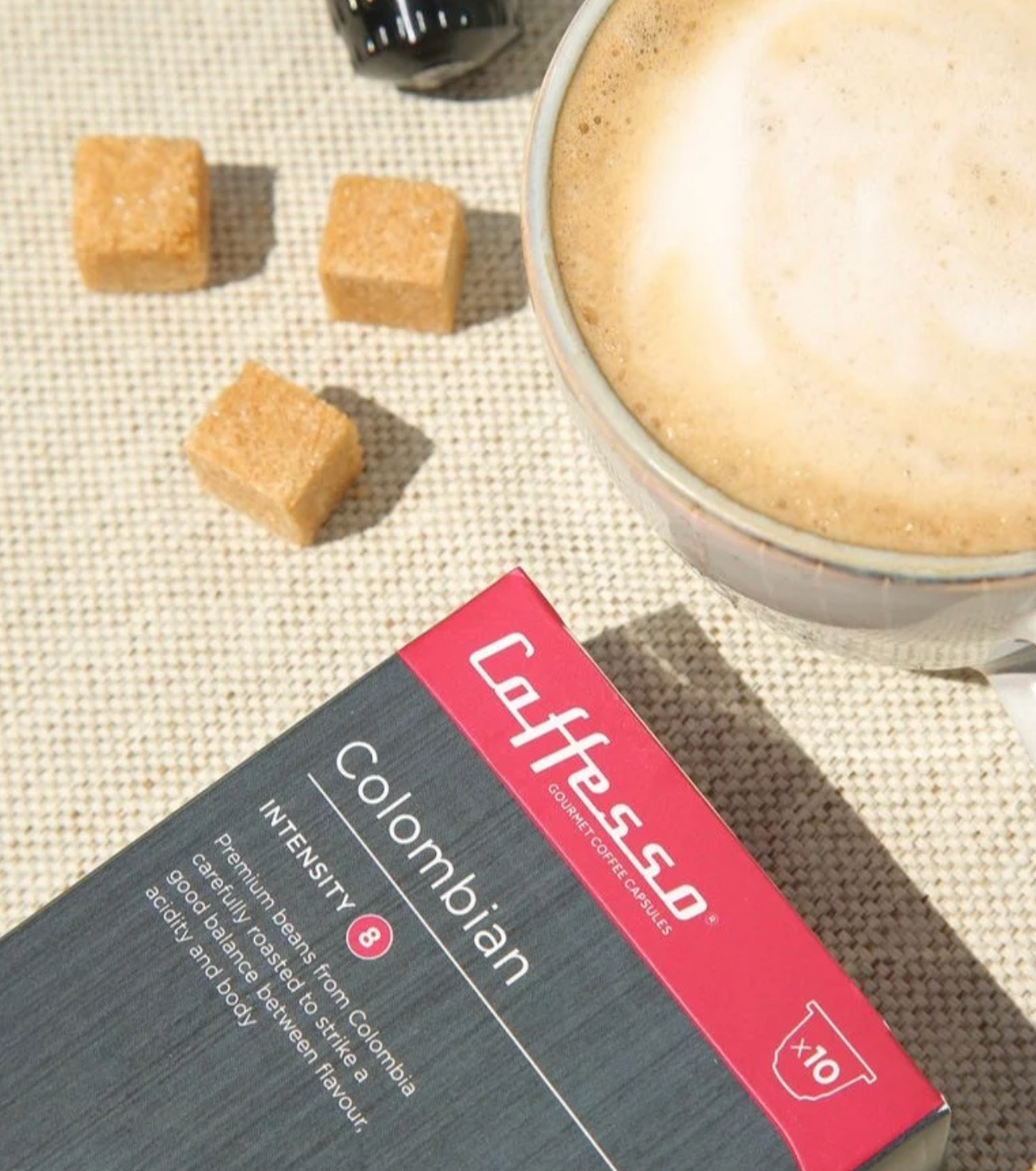 Cápsula Caffesso Colombian azúcar – detalle cápsula café colombiano compatible Nespresso Santiago