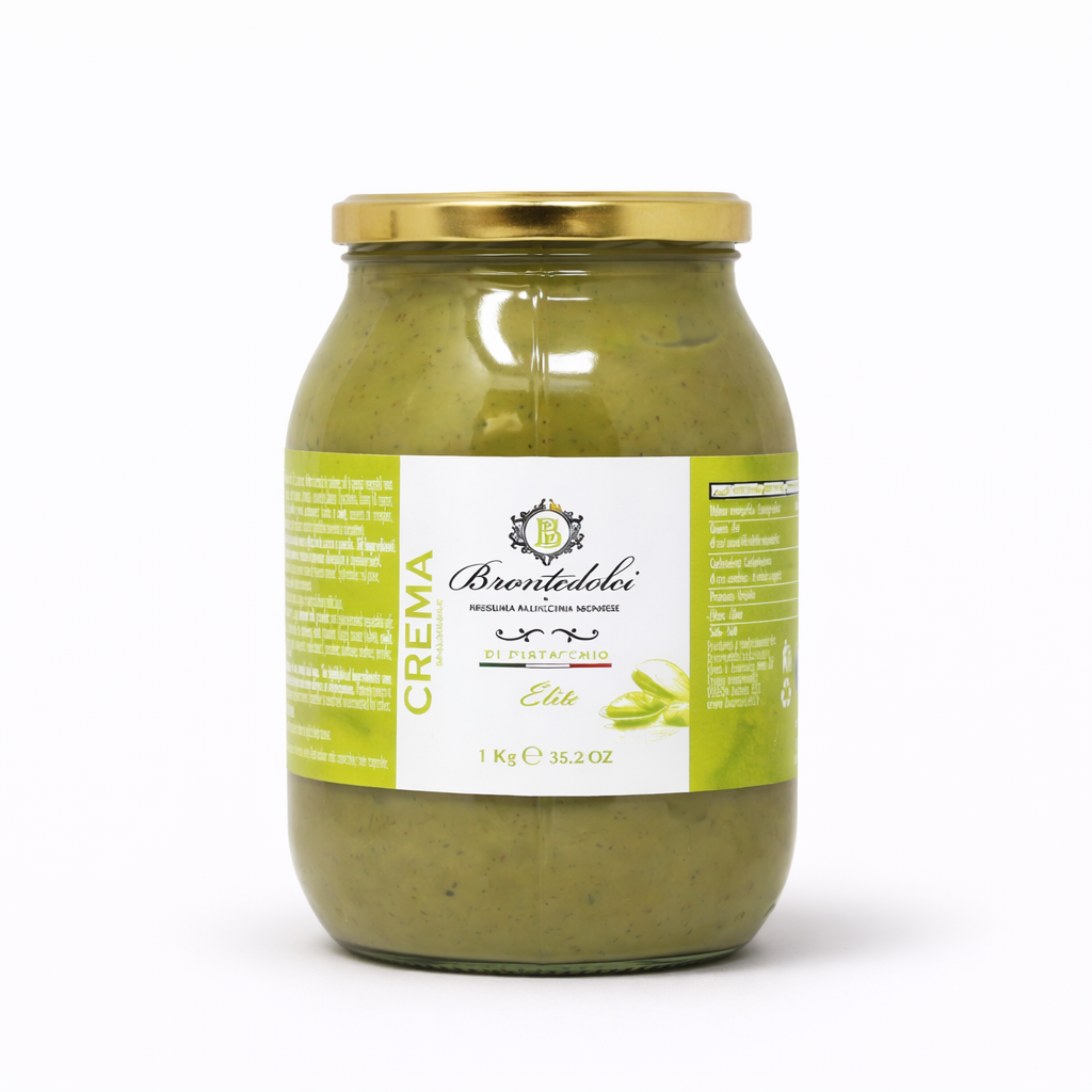 frasco de vidrio con crema de pistacho