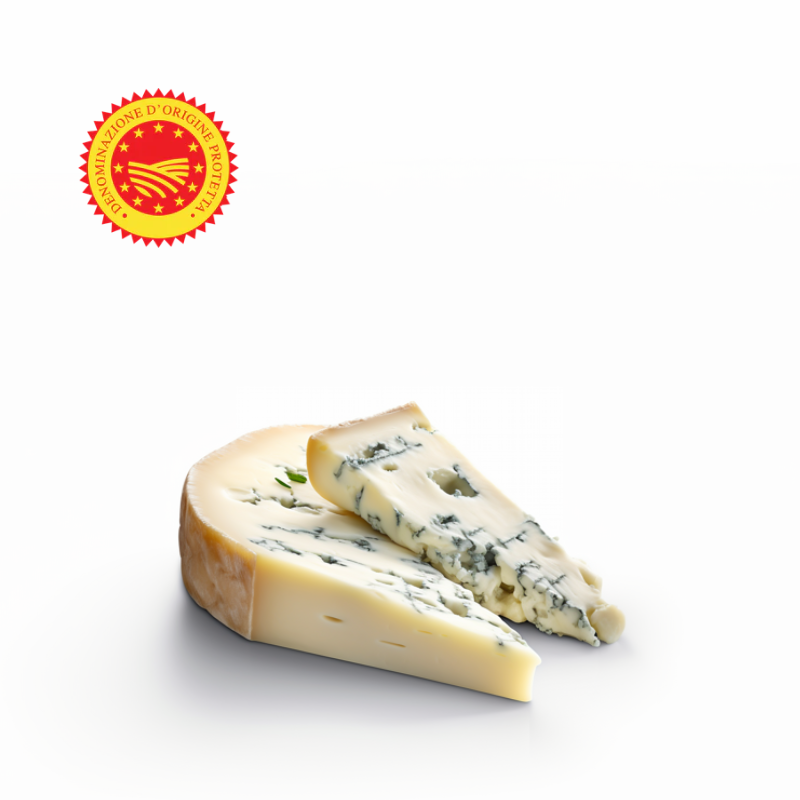 Queso gorgonzola con fondo blanco y sello DOP