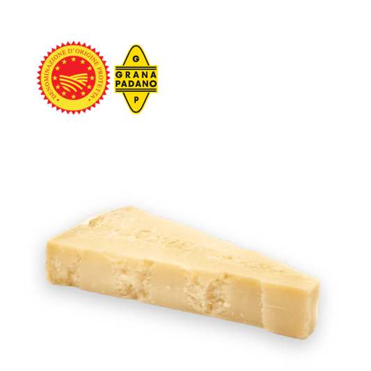 Corte de queso grana padano 200gr, con logos DOP y de autenticidad