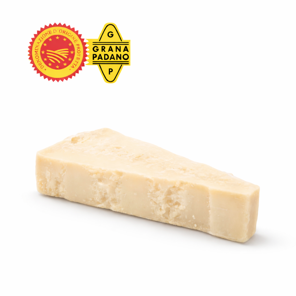 Corte de queso grana padano 200gr, con logos DOP y de autenticidad
