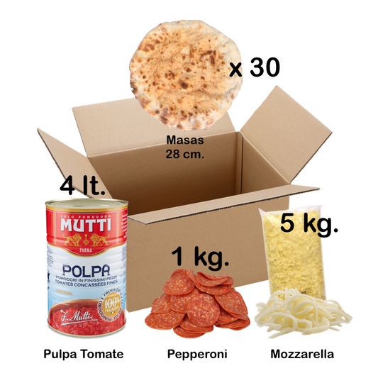 Pizza Kit con 30 masas, Mozzarella, Pulpa de tomate y Pepperoni para tu celebracion, eventos etc. Bajo costo