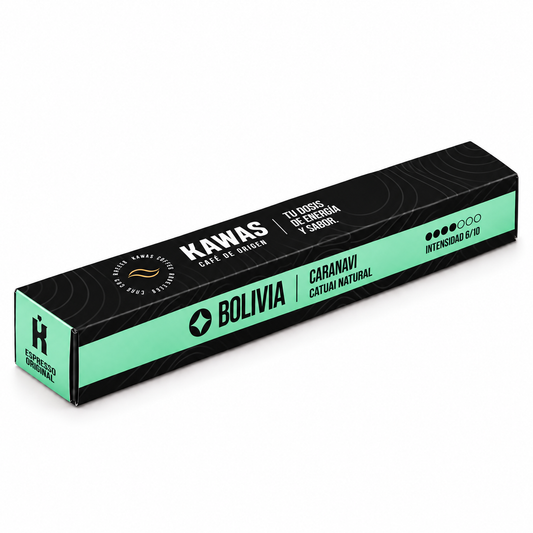 Caja de 10 cápsulas de café Kawas Bolivia compatibles con Nespresso® Original, café Catuai Natural de Caranavi, intensidad 6/10.