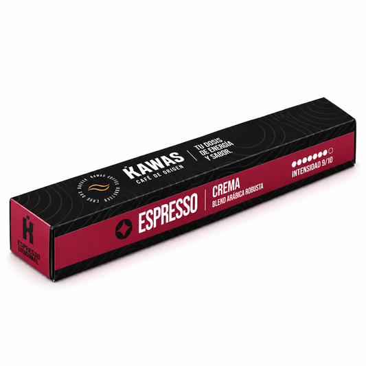 Caja de 10 cápsulas de café Kawas Espresso Crema compatibles con Nespresso® Original, blend Arábica y Robusta, intensidad 9/10.