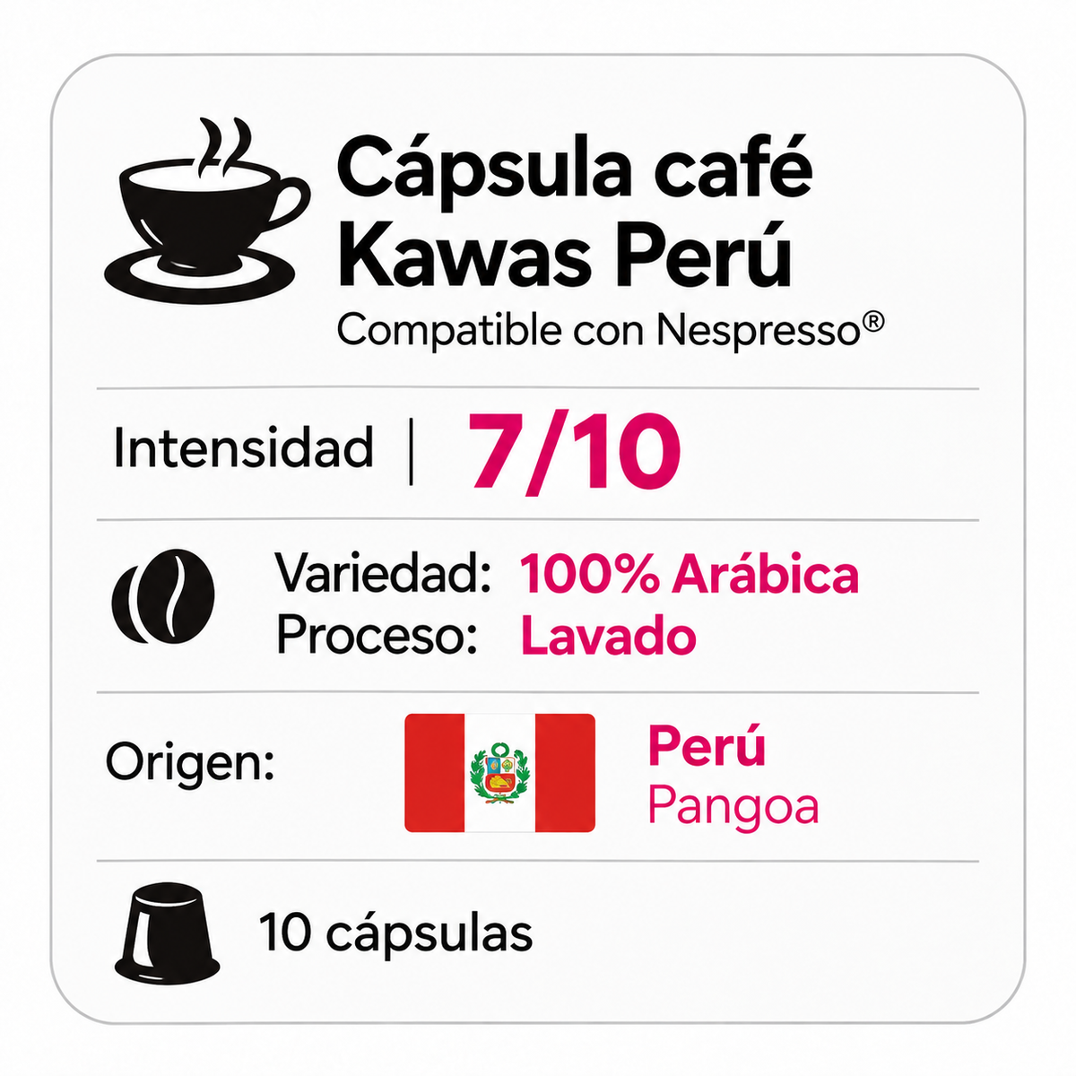 Ficha técnica de cápsulas de café Kawas Perú compatibles con Nespresso® Original, intensidad 7/10, café 100% Arábica lavado de Pangoa, caja de 10 unidades.