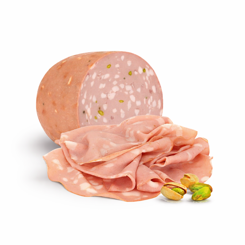 trozo de mortadella con mortadella laminada de pistacho