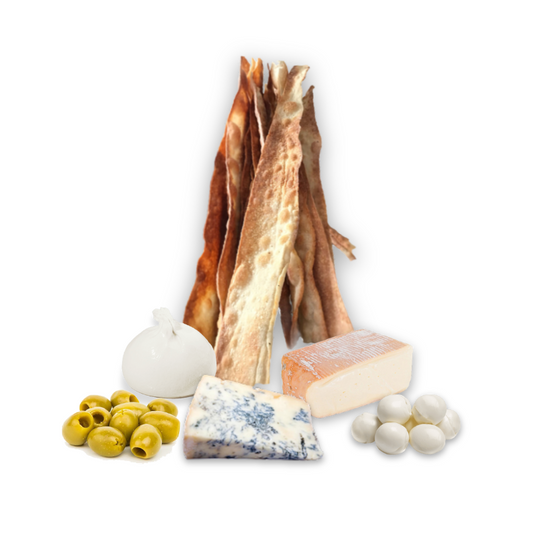 Grissini, burrata, gorgonzola, taleggio, queso fior di latte, aceitunas, aperitivo