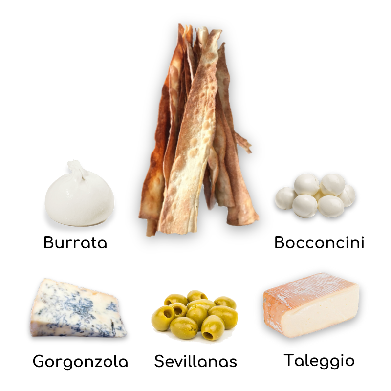 Grissini, burrata, gorgonzola, taleggio, queso fior di latte, aceitunas, aperitivo