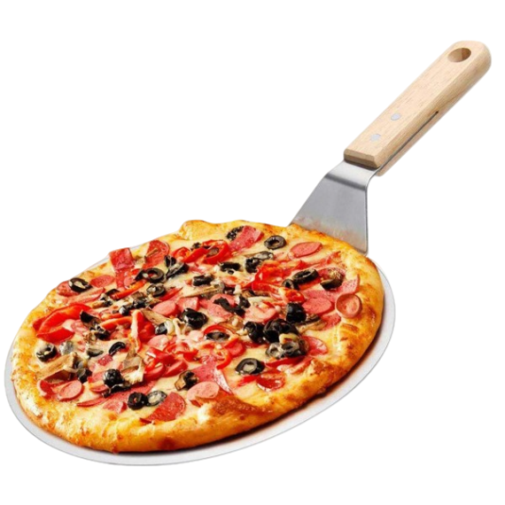 Pala para pizza de aluminio con mango de madera y agujero para colgar, diametro 26 cm con pizza sobre la pala
