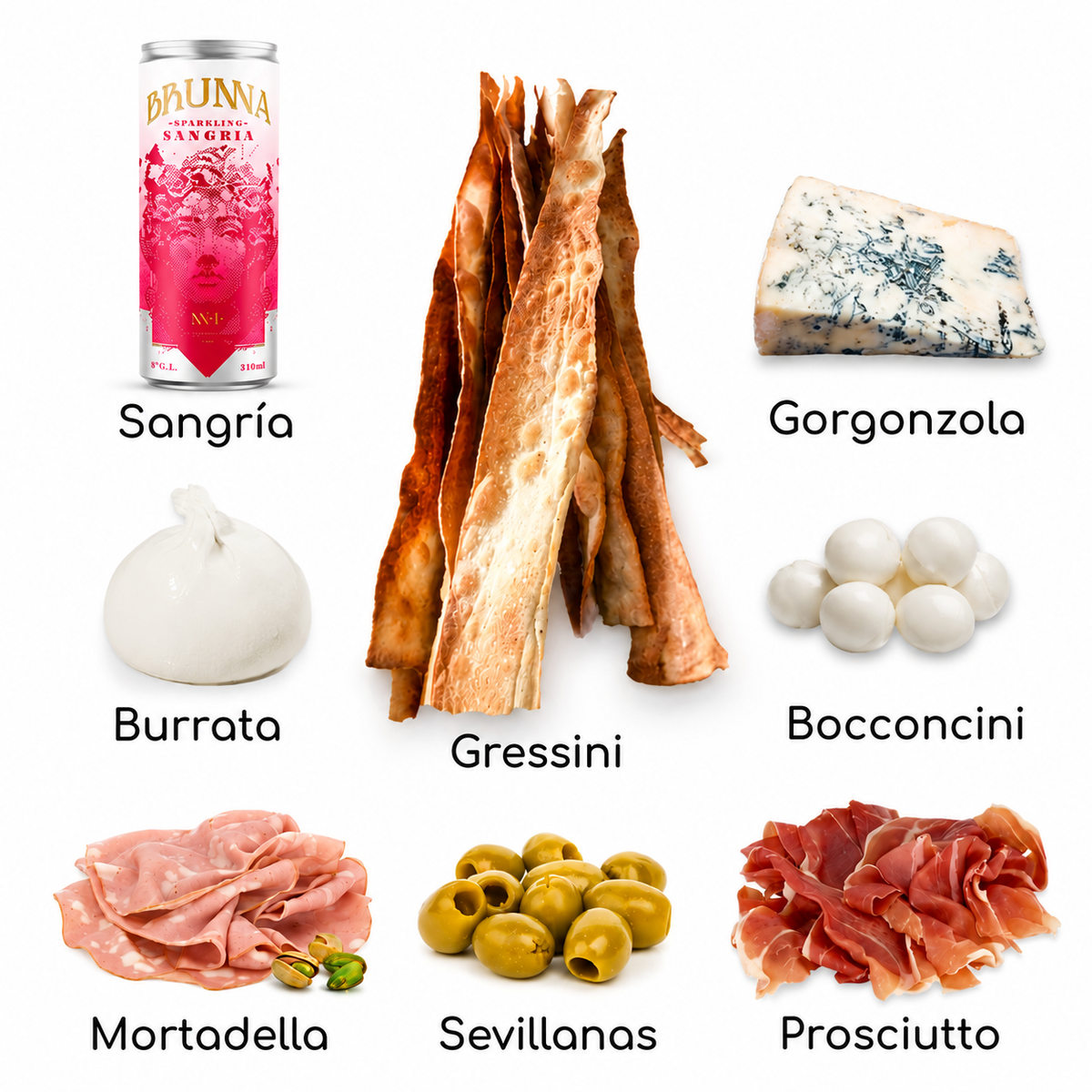 grossini, burrata, gorgonzola, prosciutto crudo, mortadella olivas y sangria bruna con gas