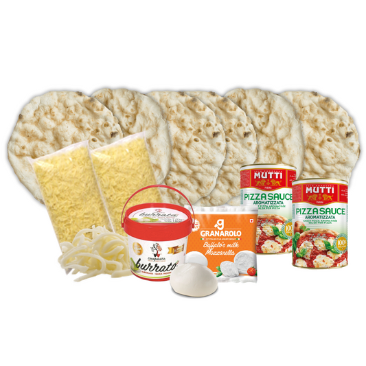 Kit de pizza casera con mozzarella granulada, mozzarella de búfala y burrata fresca