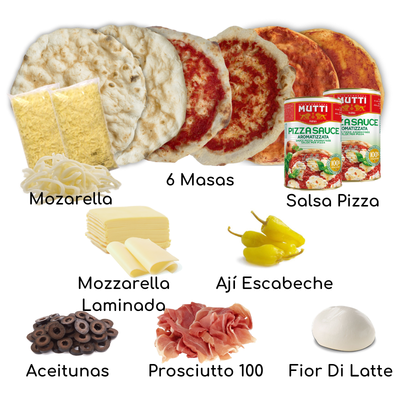 pizzakit , masas pizza, salsa de tomate, mozzarella laminada, aceitunas negras, ají escabeche, prosciutto crudo, mozzarella fior di latte