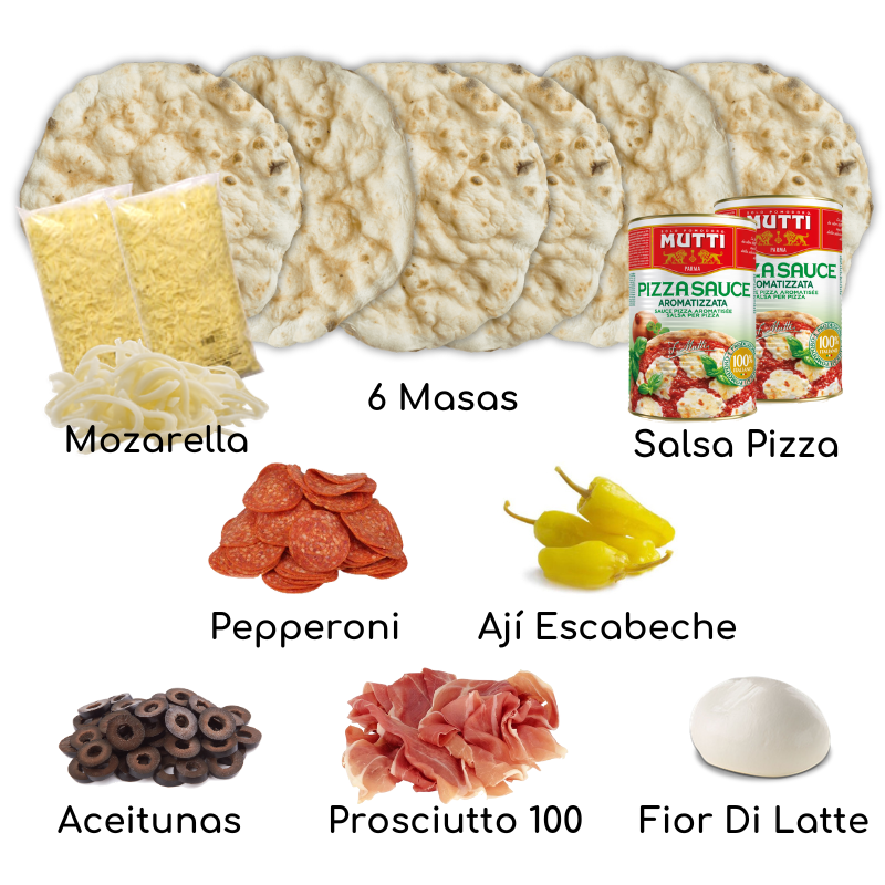 Pizzakit, masas, mozzarella, pepperoni, prosciutto crudo, fior di latte, aceitunas y salsa de tomate, aji escabeche