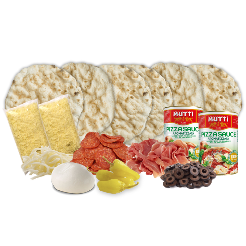 PIZZAKIT, MOZZARELLA, PEPPERONI PROSCIUTTO CRUDO, ACEITUNAS , FIOR DI LATTE Y ACEITUNAS