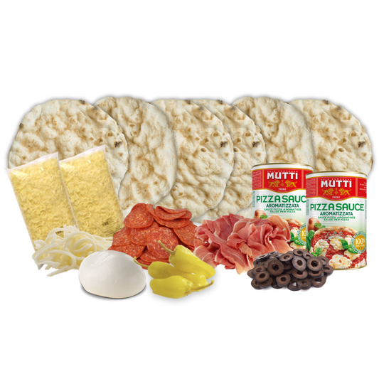 PIZZAKIT, MOZZARELLA, PEPPERONI PROSCIUTTO CRUDO, ACEITUNAS , FIOR DI LATTE Y ACEITUNAS