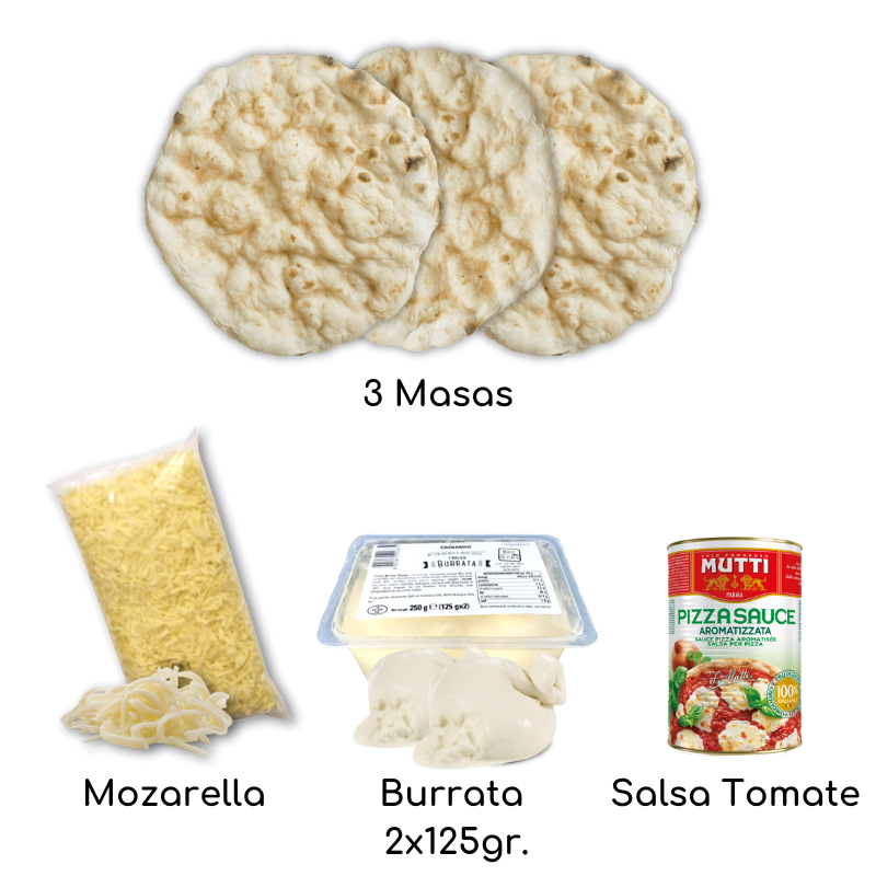 Pizza Kit con 3 Masas estiradas a mano, cocidas en piedra y de larga fermentación. 1 Pulpa de Tomate 400gr. 1 Mozzarella Granulada 360gr. 1 Burrata 2x125gr.