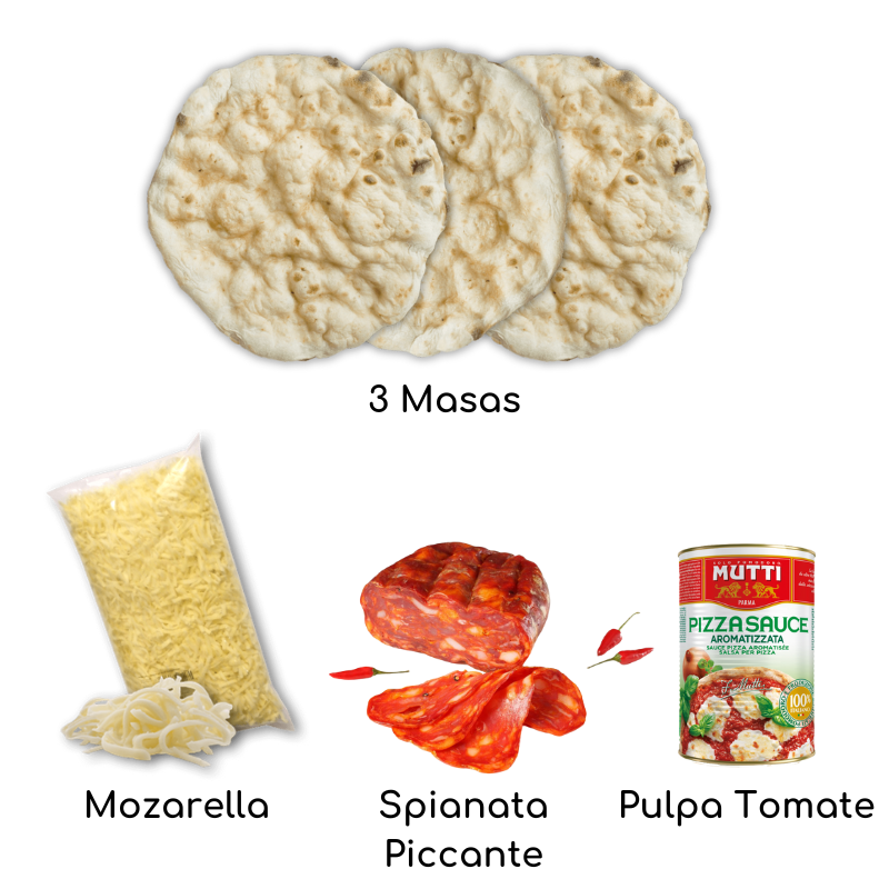 Pizzakit masas de pizza, salsa, mozzarella y salame piccante.