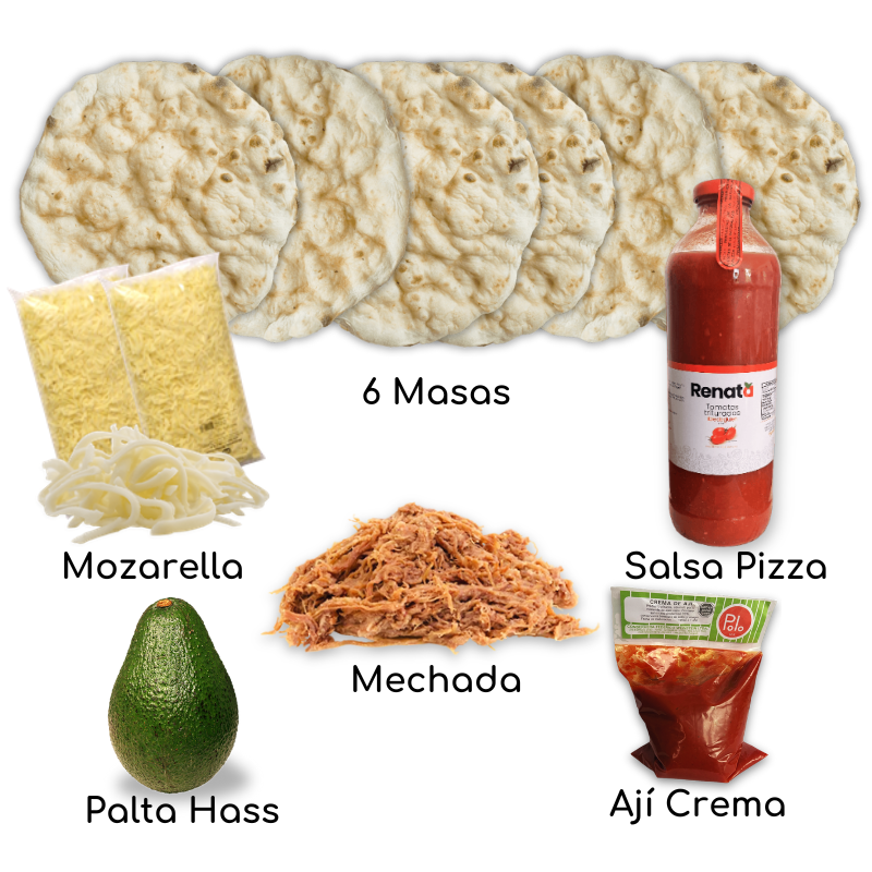 pizza, mozzarella, salsa de tomate, ají crema, carne mechada y palta