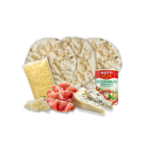 pizzakit, masas, mozzarella, speck, gorgonzola y salsa de tomate