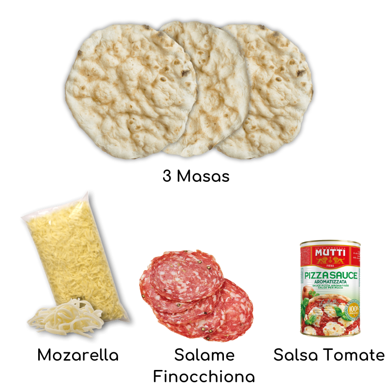 Pizza kit 3 Masas estiradas a mano, cocidas en piedra y de larga fermentación. 1 Pulpa de Tomate 400gr. 1 Mozzarella Granulada 360gr. 1 Salame Finocchiona 100gr. (Al hinojo, recomendado)