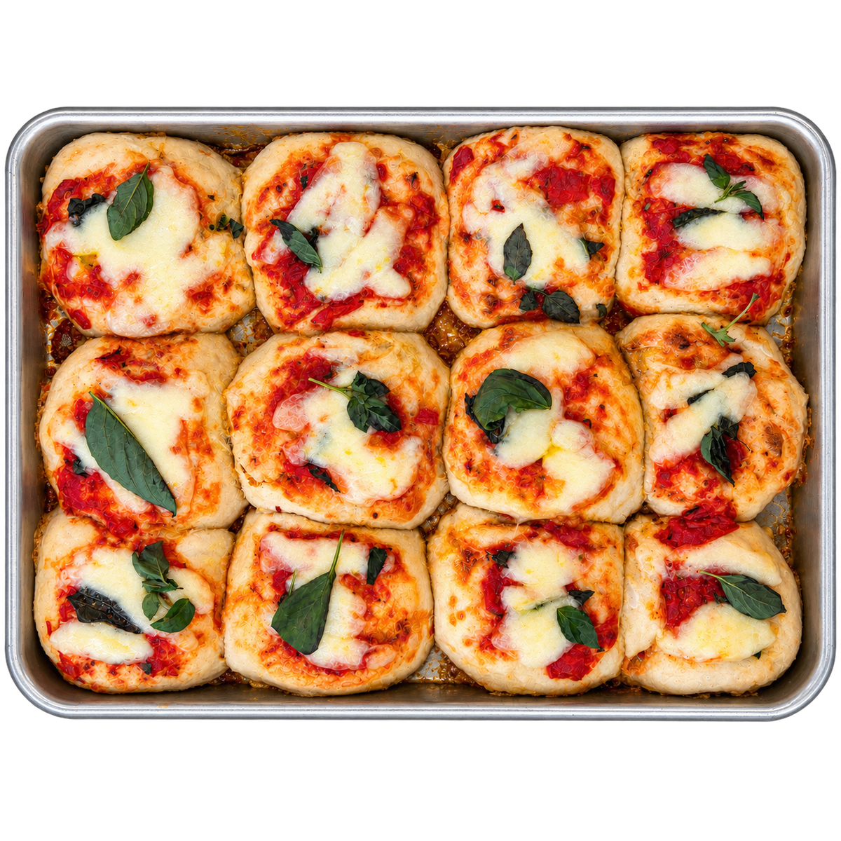 Pizzetta Margherita x12 vista desde arriba – 12 pizzetas unidas fior di latte albahaca Santiago