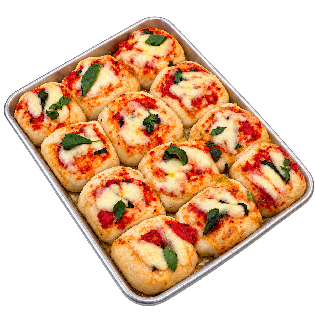 Pizzetta Margherita x12 vista diagonal – masa fermentada fior di latte albahaca Similae Santiago