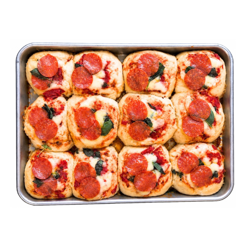 Pizzetta con Pepperoni x12 vista desde arriba – 2 pepperoni por pizzeta masa fermentada Similae