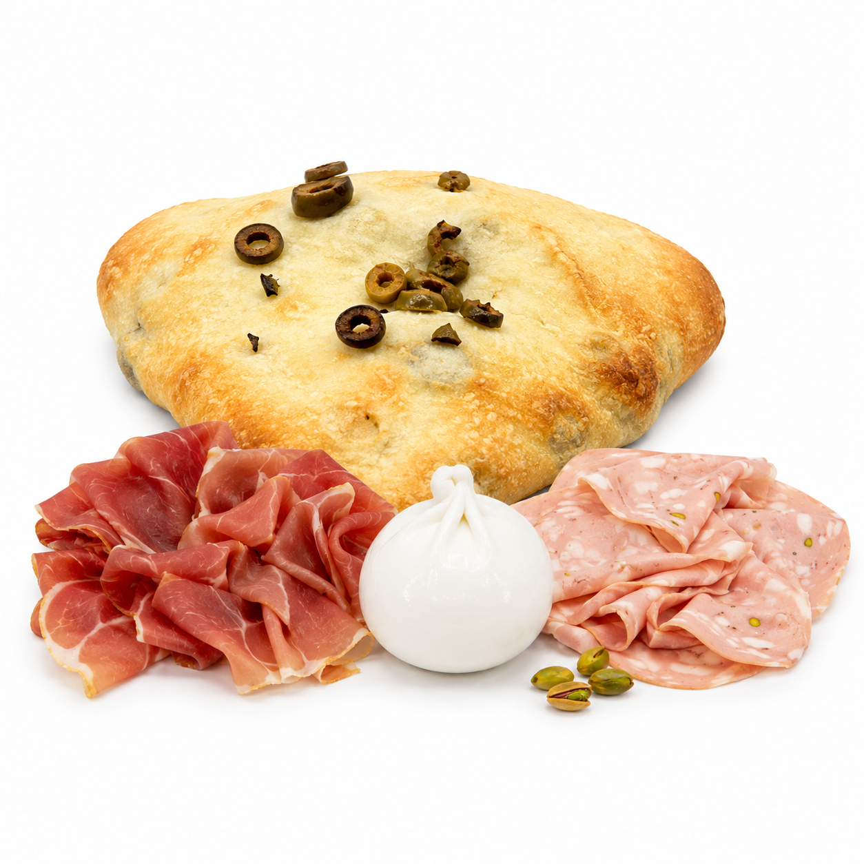 Pan Foccacia, hecha con aceite de oliva y aceitunas verdes. 230gr.
1 Burrata 125gr.
1 Mortadella Pistacchio 100gr.
1&nbsp;Prosciutto Crudo 100gr.