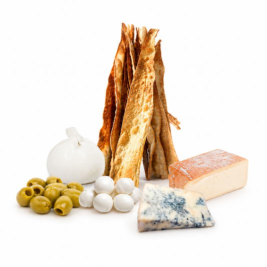 Grissini, burrata, gorgonzola, taleggio, queso fior di latte, aceitunas, aperitivo