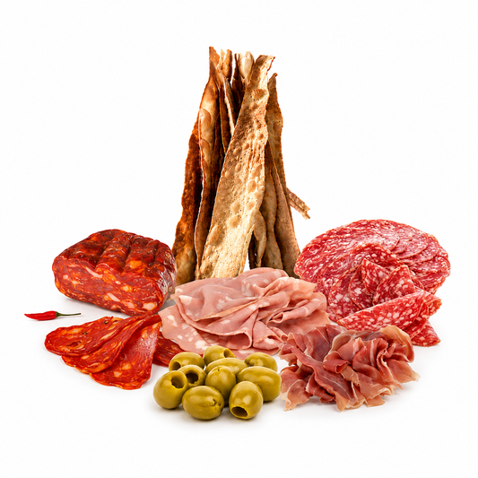 Grissini, salame picante, salame milano, mortadella , prosciutto crudo y aceitunas, aperitivo