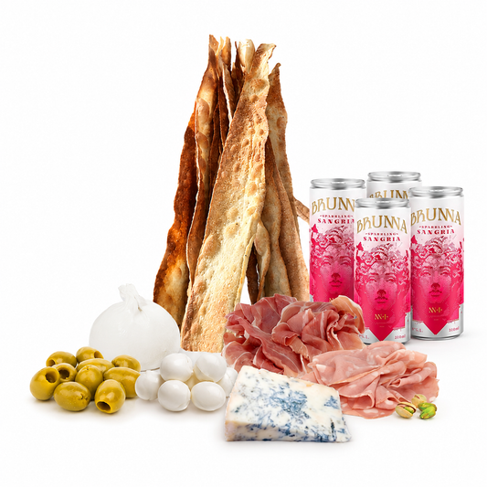 grossini, burrata, gorgonzola, prosciutto crudo, mortadella olivas y sangria bruna