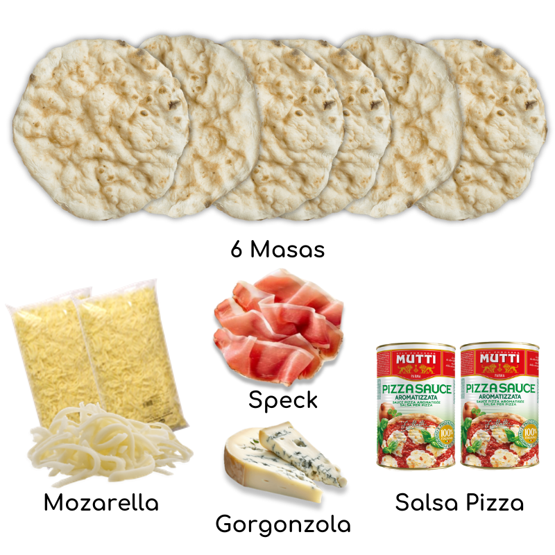 pizzakit masas, salsa, mozzarella, speck y gorgonzola